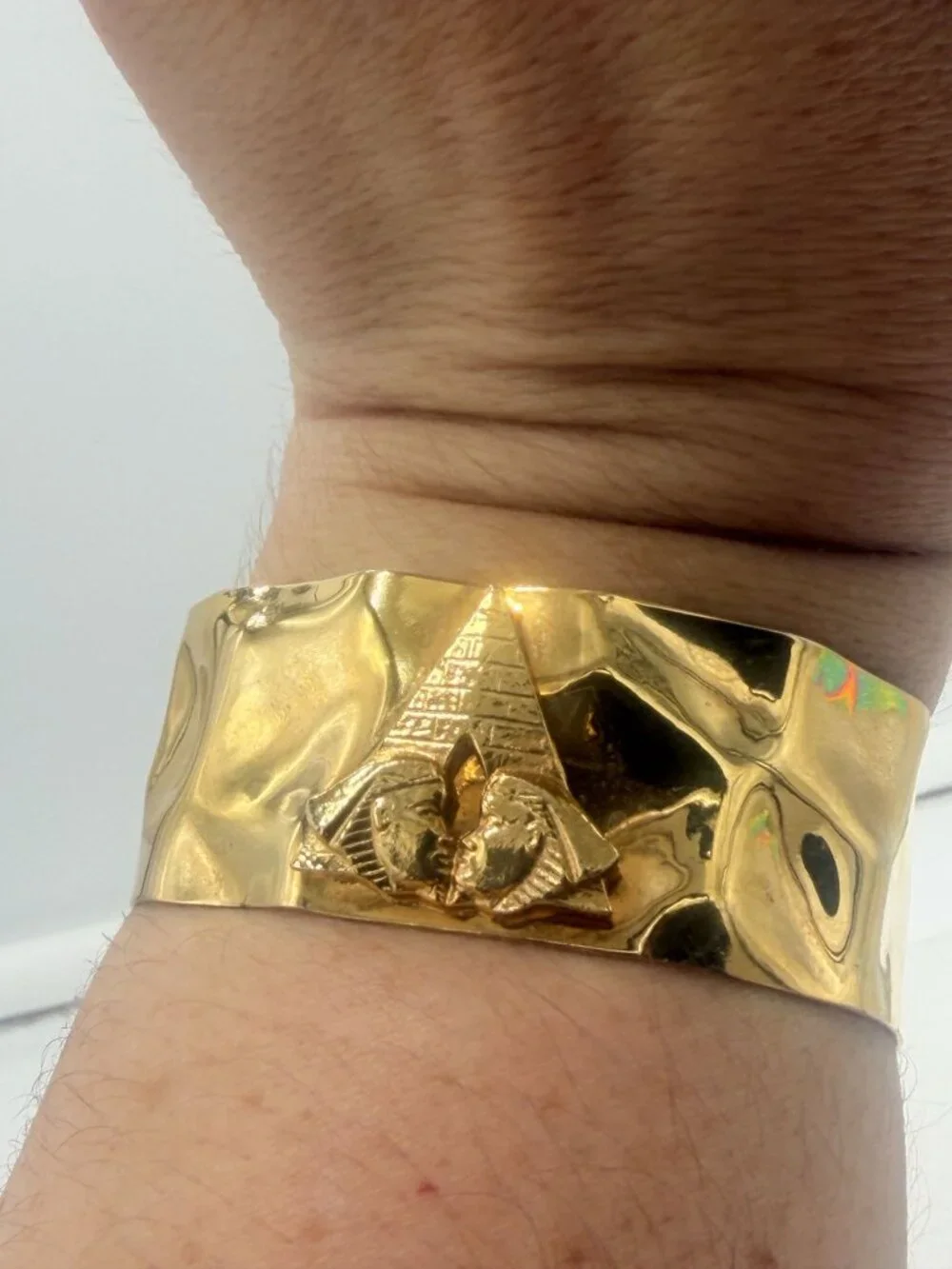 Hammered Gold Tone Cuff Bracelet Egyptian Inspired Pyramid Pharaoh